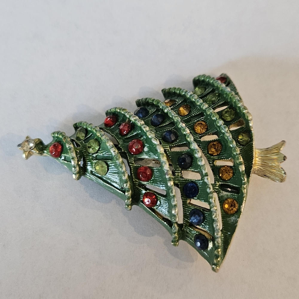 Christmas Tree Brooch Pin Enamel Rhinestones - Picture 5 of 9